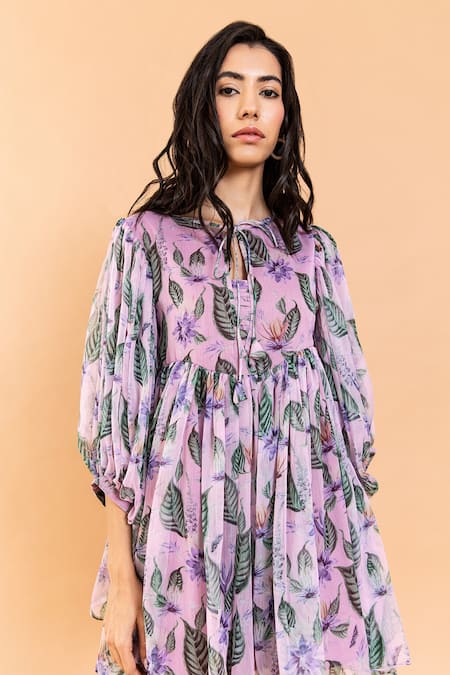 Shop_Aroop Shop India_Purple Chiffon Open Neck Katherine Aster Print Dress _Online_at_Aza_Fashions