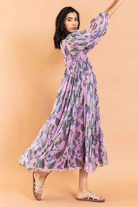 Aroop Shop India_Purple Chiffon Embroidery Round Neck Kate Aster Print Dress _Online_at_Aza_Fashions