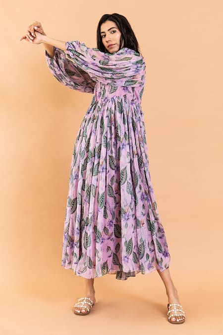 Buy_Aroop Shop India_Purple Chiffon Embroidery Round Neck Kate Aster Print Dress _Online_at_Aza_Fashions