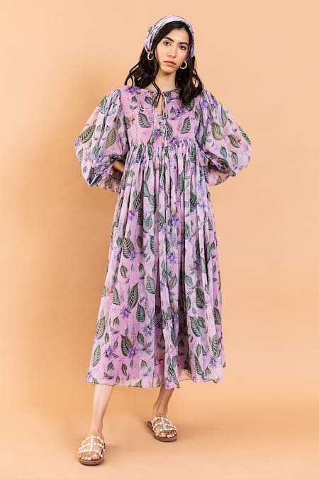 Shop_Aroop Shop India_Purple Chiffon Embroidery Round Neck Kate Aster Print Dress _Online_at_Aza_Fashions