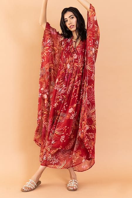 Aroop Shop India_Red Chiffon Raquel Amaryllis Print Dress _Online_at_Aza_Fashions