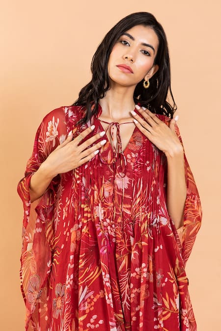 Buy_Aroop Shop India_Red Chiffon Raquel Amaryllis Print Dress _Online_at_Aza_Fashions