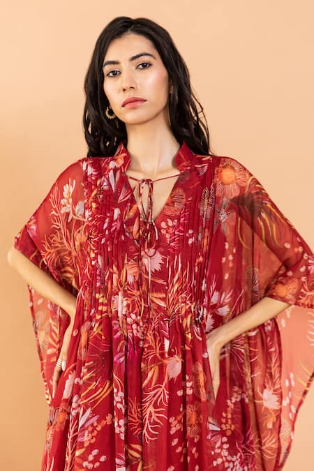 Shop_Aroop Shop India_Red Chiffon Raquel Amaryllis Print Dress _Online_at_Aza_Fashions