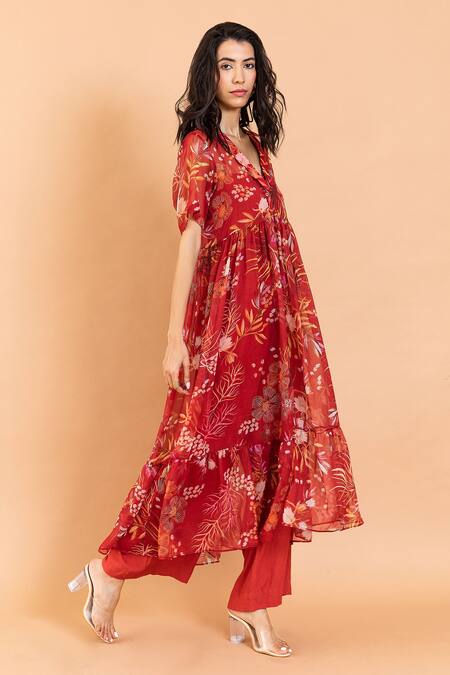 Buy Aroop Shop India Red Chiffon Scoop Neck Clara Amaryllis Print Dress And Pant Set Online at Aza Fashions Buy_Aroop Shop India_Red Chiffon Scoop Neck Clara Amaryllis Print Dress And Pant Set _Online_at_Aza_Fashions
