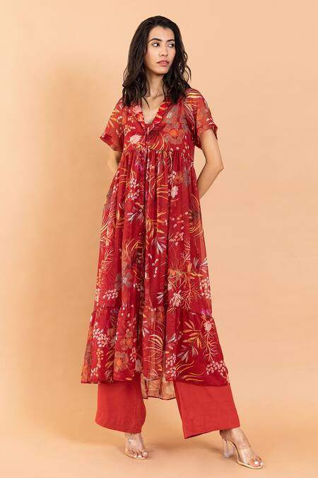 Shop Aroop Shop India Red Chiffon Scoop Neck Clara Amaryllis Print Dress And Pant Set Online at Aza Fashions Shop_Aroop Shop India_Red Chiffon Scoop Neck Clara Amaryllis Print Dress And Pant Set _Online_at_Aza_Fashions