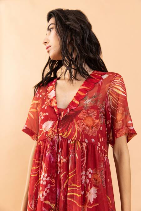 Aroop Shop India Red Chiffon Scoop Neck Clara Amaryllis Print Dress And Pant Set at Aza Fashions Aroop Shop India_Red Chiffon Scoop Neck Clara Amaryllis Print Dress And Pant Set _at_Aza_Fashions