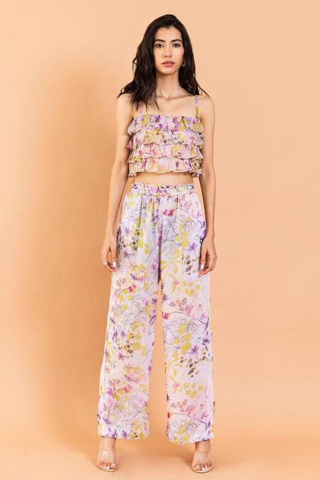 Aroop Shop India Pink Chiffon Ruffles Square Neck Voila Printed Pant Set Online at Aza Fashions Aroop Shop India_Pink Chiffon Ruffles Square Neck Voila Printed Pant Set _Online_at_Aza_Fashions