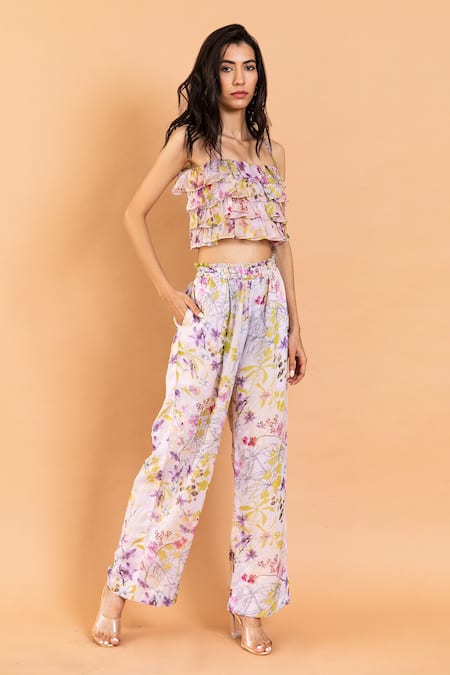 Buy Aroop Shop India Pink Chiffon Ruffles Square Neck Voila Printed Pant Set Online at Aza Fashions Buy_Aroop Shop India_Pink Chiffon Ruffles Square Neck Voila Printed Pant Set _Online_at_Aza_Fashions