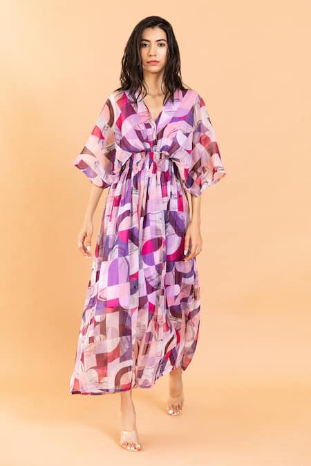 Aroop Shop India Multi Color Chiffon V-neck Zayna V Printed Dress Online at Aza Fashions Aroop Shop India_Multi Color Chiffon V-neck Zayna V Printed Dress _Online_at_Aza_Fashions