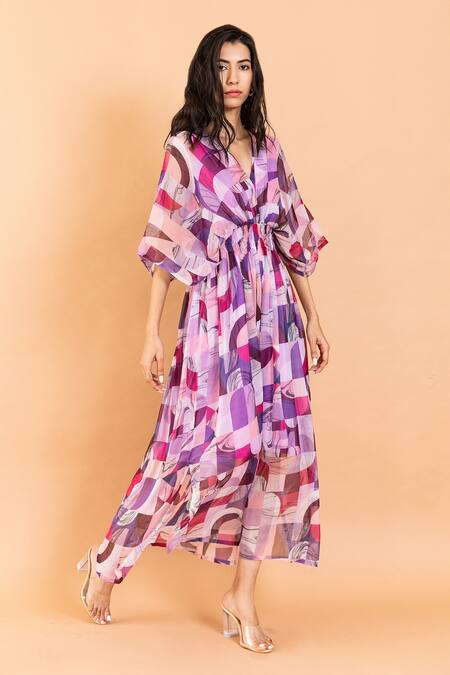 Buy Aroop Shop India Multi Color Chiffon V-neck Zayna V Printed Dress Online at Aza Fashions Buy_Aroop Shop India_Multi Color Chiffon V-neck Zayna V Printed Dress _Online_at_Aza_Fashions