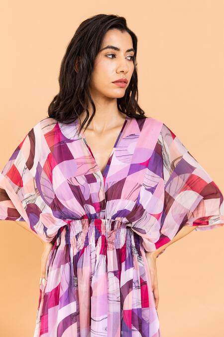 Shop Aroop Shop India Multi Color Chiffon V-neck Zayna V Printed Dress Online at Aza Fashions Shop_Aroop Shop India_Multi Color Chiffon V-neck Zayna V Printed Dress _Online_at_Aza_Fashions