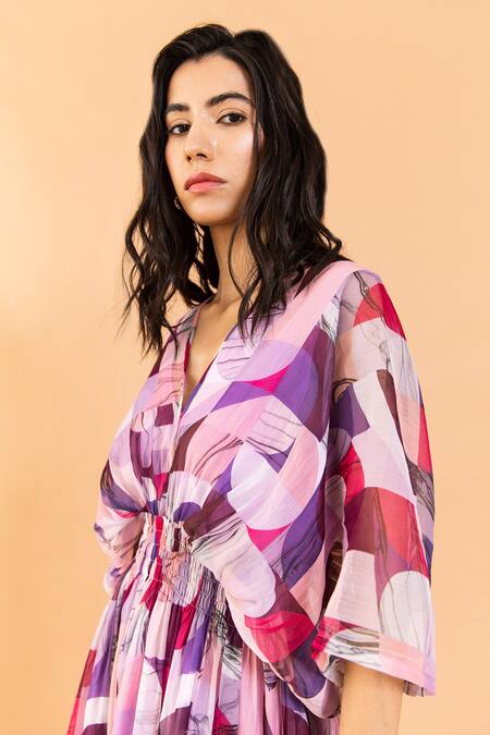 Aroop Shop India Multi Color Chiffon V-neck Zayna V Printed Dress at Aza Fashions Aroop Shop India_Multi Color Chiffon V-neck Zayna V Printed Dress _at_Aza_Fashions