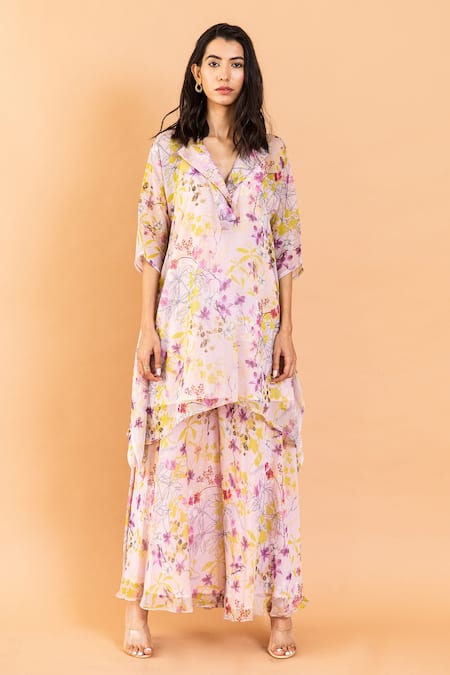 Aroop Shop India Pink Chiffon Split V-neck Hazel Printed Kaftan And Pant Set Online at Aza Fashions Aroop Shop India_Pink Chiffon Split V-neck Hazel Printed Kaftan And Pant Set _Online_at_Aza_Fashions