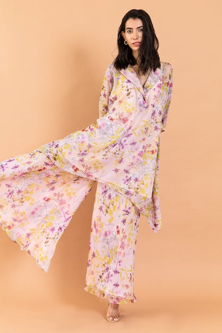 Buy Aroop Shop India Pink Chiffon Split V-neck Hazel Printed Kaftan And Pant Set Online at Aza Fashions Buy_Aroop Shop India_Pink Chiffon Split V-neck Hazel Printed Kaftan And Pant Set _Online_at_Aza_Fashions