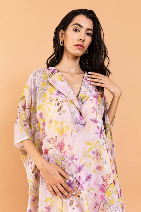 Shop Aroop Shop India Pink Chiffon Split V-neck Hazel Printed Kaftan And Pant Set Online at Aza Fashions Shop_Aroop Shop India_Pink Chiffon Split V-neck Hazel Printed Kaftan And Pant Set _Online_at_Aza_Fashions