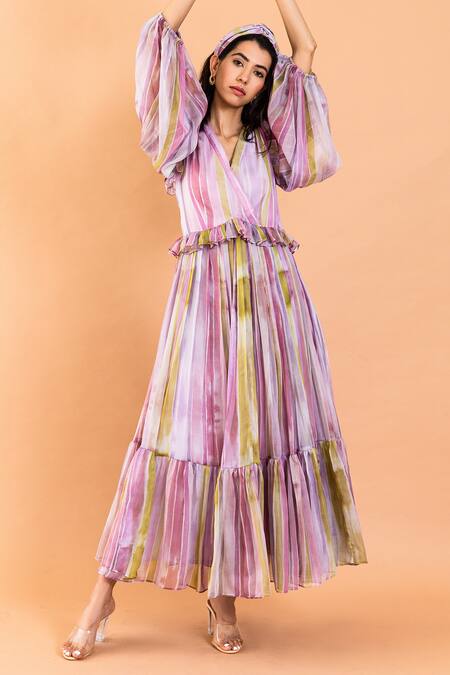 Aroop Shop India Multi Color Chiffon Ruffles V-neck Jennifer Stella Print Dress Online at Aza Fashions Aroop Shop India_Multi Color Chiffon Ruffles V-neck Jennifer Stella Print Dress _Online_at_Aza_Fashions