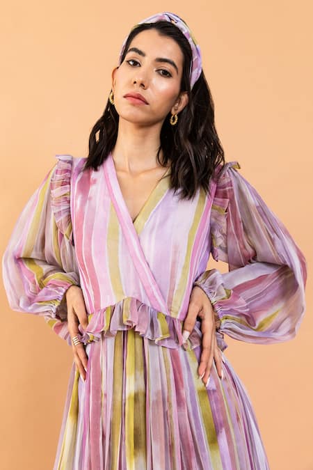 Buy Aroop Shop India Multi Color Chiffon Ruffles V-neck Jennifer Stella Print Dress Online at Aza Fashions Buy_Aroop Shop India_Multi Color Chiffon Ruffles V-neck Jennifer Stella Print Dress _Online_at_Aza_Fashions