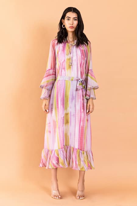 Aroop Shop India Multi Color Chiffon Ruffles Keyhole Neck Avery Stella Print Bell Sleeve Dress Online at Aza Fashions Aroop Shop India_Multi Color Chiffon Ruffles Keyhole Neck Avery Stella Print Bell Sleeve Dress _Online_at_Aza_Fashions