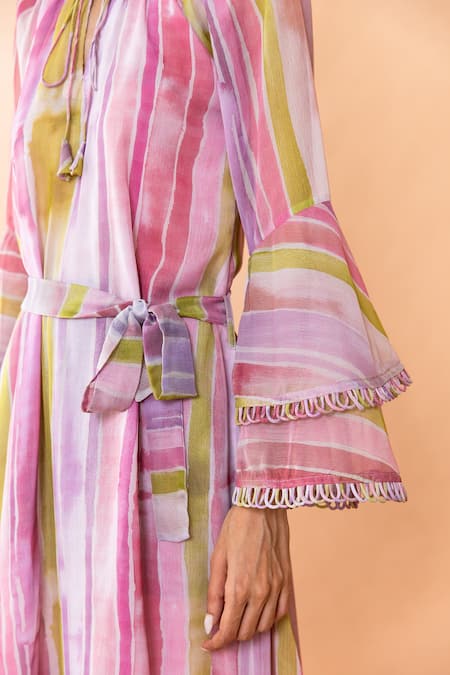 Buy Aroop Shop India Multi Color Chiffon Ruffles Keyhole Neck Avery Stella Print Bell Sleeve Dress Online at Aza Fashions Buy_Aroop Shop India_Multi Color Chiffon Ruffles Keyhole Neck Avery Stella Print Bell Sleeve Dress _Online_at_Aza_Fashions