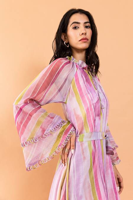 Shop Aroop Shop India Multi Color Chiffon Ruffles Keyhole Neck Avery Stella Print Bell Sleeve Dress Online at Aza Fashions Shop_Aroop Shop India_Multi Color Chiffon Ruffles Keyhole Neck Avery Stella Print Bell Sleeve Dress _Online_at_Aza_Fashions