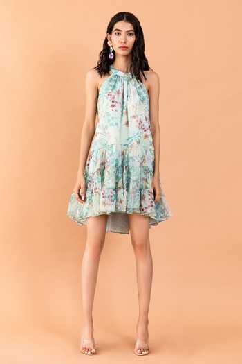 Buy_Aroop Shop India_Green Chiffon Halter Neck Aliza Catmint Print High Low Dress _Online_at_Aza_Fashions