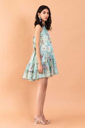 Shop_Aroop Shop India_Green Chiffon Halter Neck Aliza Catmint Print High Low Dress _Online_at_Aza_Fashions