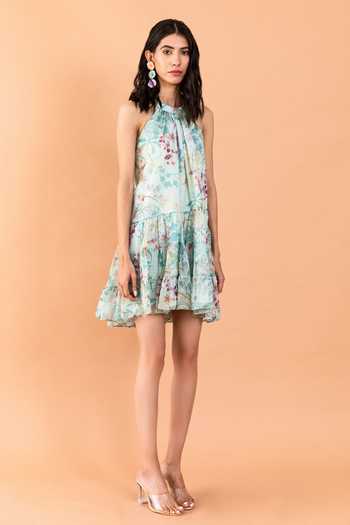 Aroop Shop India_Green Chiffon Halter Neck Aliza Catmint Print High Low Dress _at_Aza_Fashions