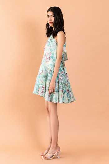 Buy_Aroop Shop India_Green Chiffon Halter Neck Aliza Catmint Print High Low Dress 