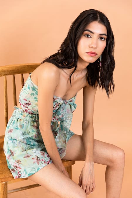 Shop_Aroop Shop India_Green Chiffon Sweetheart Neck Kay Catmint Print Shorts Set 