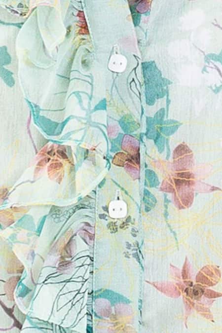 Aroop Shop India Green Chiffon Shawl Neck Jean Catmint Print Shirt Dress Online at Aza Fashions Aroop Shop India_Green Chiffon Shawl Neck Jean Catmint Print Shirt Dress _Online_at_Aza_Fashions