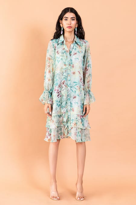 Shop Aroop Shop India Green Chiffon Shawl Neck Jean Catmint Print Shirt Dress Online at Aza Fashions Shop_Aroop Shop India_Green Chiffon Shawl Neck Jean Catmint Print Shirt Dress _Online_at_Aza_Fashions