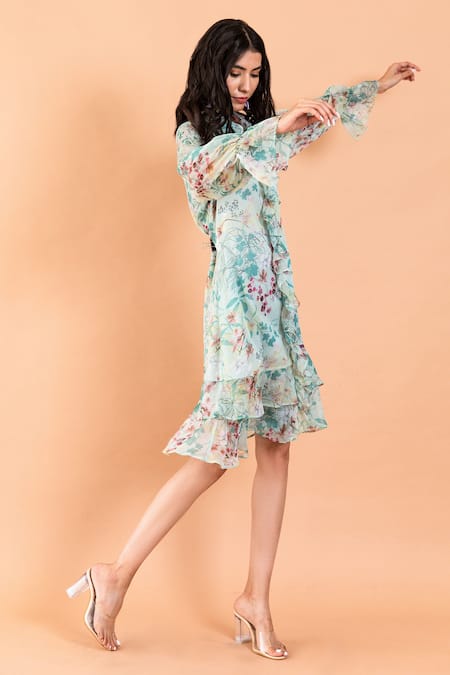 Aroop Shop India Green Chiffon Shawl Neck Jean Catmint Print Shirt Dress at Aza Fashions Aroop Shop India_Green Chiffon Shawl Neck Jean Catmint Print Shirt Dress _at_Aza_Fashions