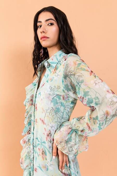 Buy Aroop Shop India Green Chiffon Shawl Neck Jean Catmint Print Shirt Dress Buy_Aroop Shop India_Green Chiffon Shawl Neck Jean Catmint Print Shirt Dress
