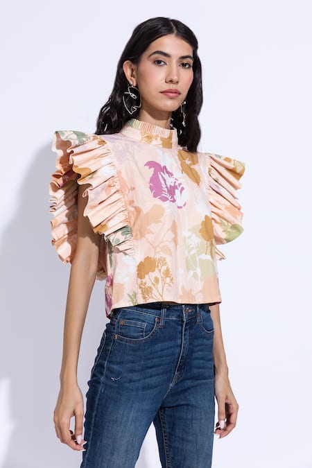 Aroop Shop India_Multi Color Cotton Turtle Neck Valentina Daphne Print Organic Top_Online_at_Aza_Fashions