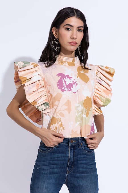 Buy_Aroop Shop India_Multi Color Cotton Turtle Neck Valentina Daphne Print Organic Top_Online_at_Aza_Fashions