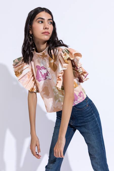 Shop_Aroop Shop India_Multi Color Cotton Turtle Neck Valentina Daphne Print Organic Top_Online_at_Aza_Fashions