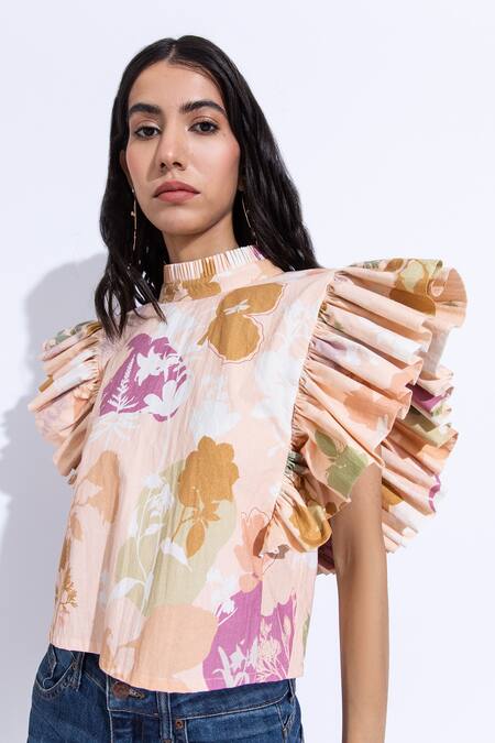 Aroop Shop India_Multi Color Cotton Turtle Neck Valentina Daphne Print Organic Top_at_Aza_Fashions