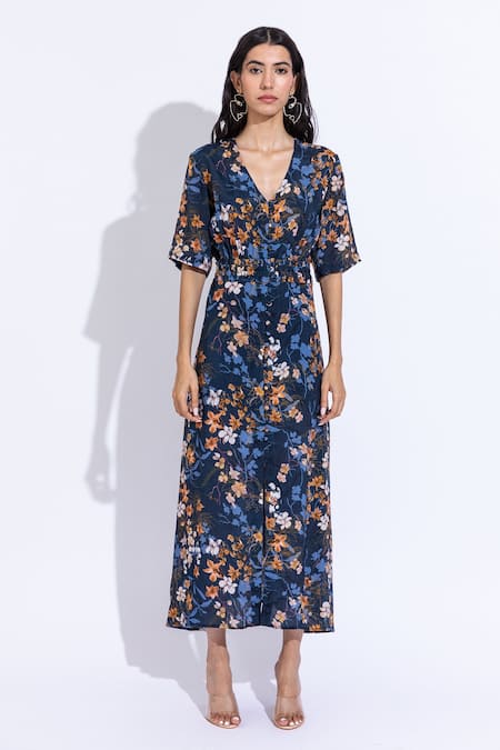 Aroop Shop India Blue Cotton, Silk V-neck Kerry Lupine Print Dress Online at Aza Fashions Aroop Shop India_Blue Cotton, Silk V-neck Kerry Lupine Print Dress _Online_at_Aza_Fashions