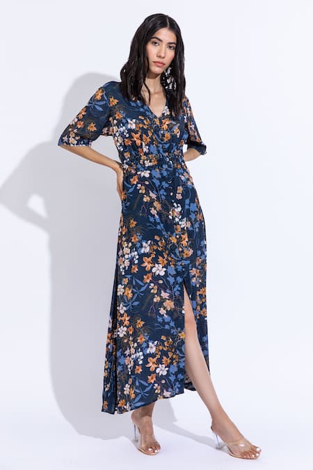 Buy Aroop Shop India Blue Cotton, Silk V-neck Kerry Lupine Print Dress Online at Aza Fashions Buy_Aroop Shop India_Blue Cotton, Silk V-neck Kerry Lupine Print Dress _Online_at_Aza_Fashions