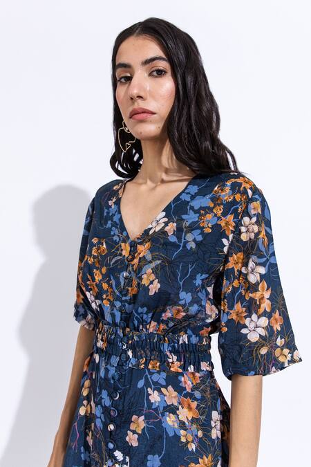 Shop Aroop Shop India Blue Cotton, Silk V-neck Kerry Lupine Print Dress Online at Aza Fashions Shop_Aroop Shop India_Blue Cotton, Silk V-neck Kerry Lupine Print Dress _Online_at_Aza_Fashions