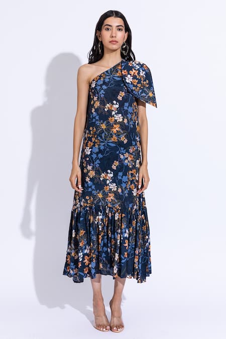 Aroop Shop India Blue Cotton, Silk Asymmetric Keke Lupine Print Dress Online at Aza Fashions Aroop Shop India_Blue Cotton, Silk Asymmetric Keke Lupine Print Dress _Online_at_Aza_Fashions