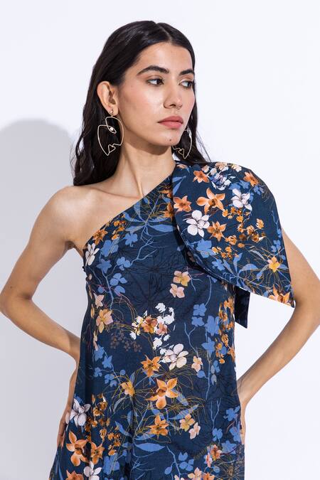 Shop Aroop Shop India Blue Cotton, Silk Asymmetric Keke Lupine Print Dress Online at Aza Fashions Shop_Aroop Shop India_Blue Cotton, Silk Asymmetric Keke Lupine Print Dress _Online_at_Aza_Fashions