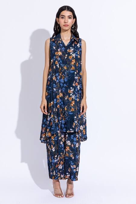 Aroop Shop India_Blue Cotton, Silk Collared Meg Lupine Print Pant Set _Online_at_Aza_Fashions