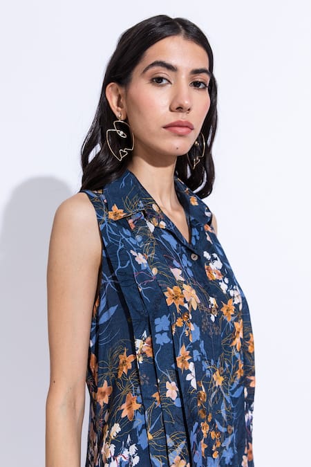 Buy_Aroop Shop India_Blue Cotton, Silk Collared Meg Lupine Print Pant Set _Online_at_Aza_Fashions