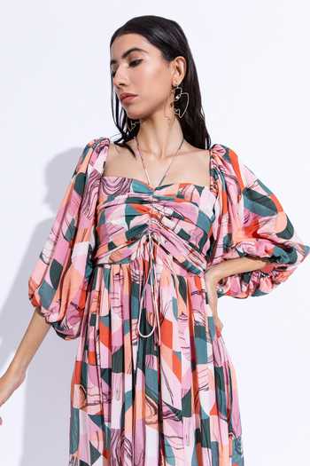 Buy_Aroop Shop India_Multi Color Cotton, Silk Halter Neck Daisy Azalea Print Dress _Online_at_Aza_Fashions