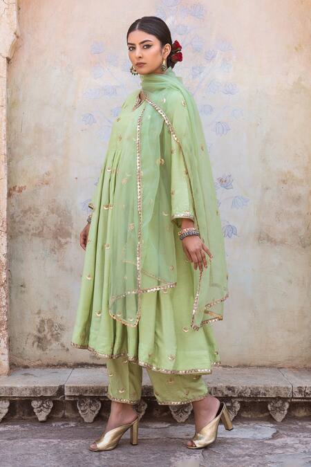 Gulabo Jaipur Green Muslin Embroidery, Zari Split V-neck Chandni Pastel Anarkali Set Online at Aza Fashions Gulabo Jaipur_Green Muslin Embroidery, Zari Split V-neck Chandni Pastel Anarkali Set _Online_at_Aza_Fashions