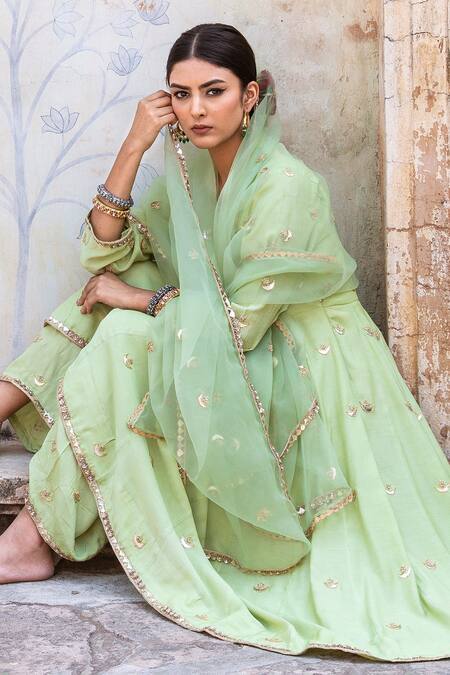 Shop Gulabo Jaipur Green Muslin Embroidery, Zari Split V-neck Chandni Pastel Anarkali Set Online at Aza Fashions Shop_Gulabo Jaipur_Green Muslin Embroidery, Zari Split V-neck Chandni Pastel Anarkali Set _Online_at_Aza_Fashions