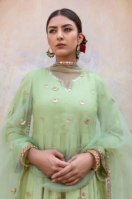 Gulabo Jaipur Green Muslin Embroidery, Zari Split V-neck Chandni Pastel Anarkali Set at Aza Fashions Gulabo Jaipur_Green Muslin Embroidery, Zari Split V-neck Chandni Pastel Anarkali Set _at_Aza_Fashions