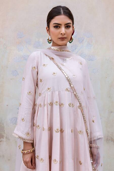 Shop Gulabo Jaipur Pink Muslin Embroidery Split V-neck Chandni Anarkali Set Online at Aza Fashions Shop_Gulabo Jaipur_Pink Muslin Embroidery Split V-neck Chandni Anarkali Set _Online_at_Aza_Fashions