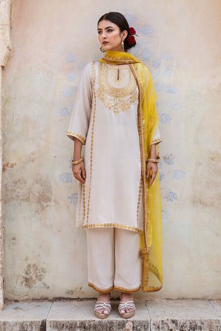 Buy Gulabo Jaipur Off White Muslin, Organza Embroidery, Lace, Zari Roop Hand Kurta Pant Set Online at Aza Fashions Buy_Gulabo Jaipur_Off White Muslin, Organza Embroidery, Lace, Zari Roop Hand Kurta Pant Set _Online_at_Aza_Fashions